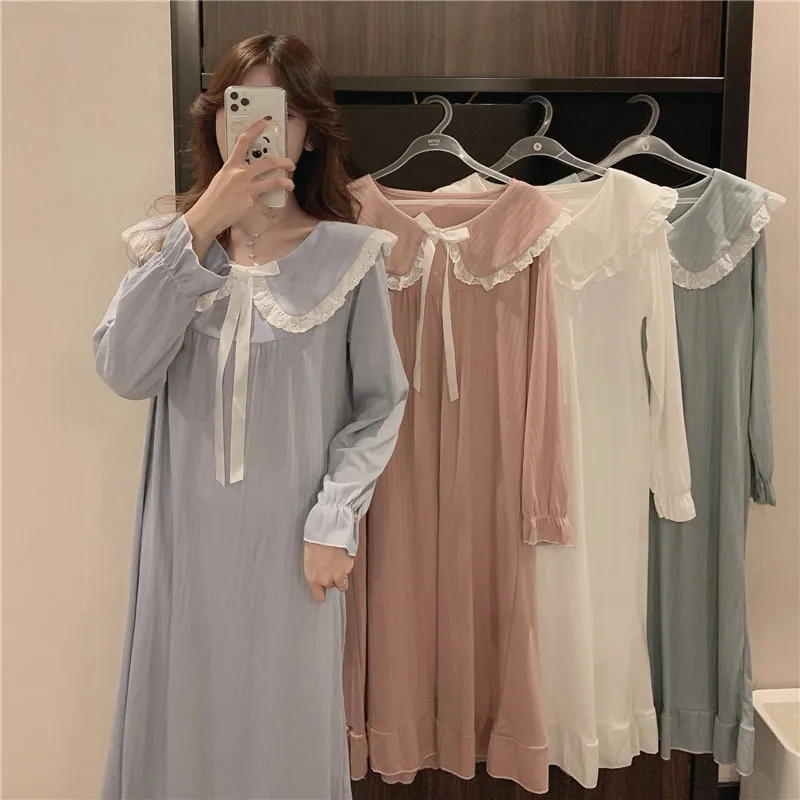 

Harajpee Women Pajama 2021 Spring Autumn Ladies French Sweet Temperament Cute Palace Princess Style Loose Doll Collar Nightdress