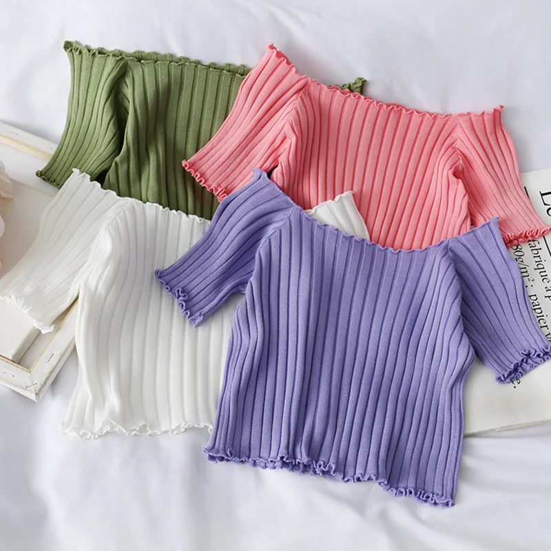 

Summer Women Purple Sweater Off Shoulder Knitting Crop Tops Women Short Sleeve Stretchy Ruffle Hem Sweater Striped Top For Women
