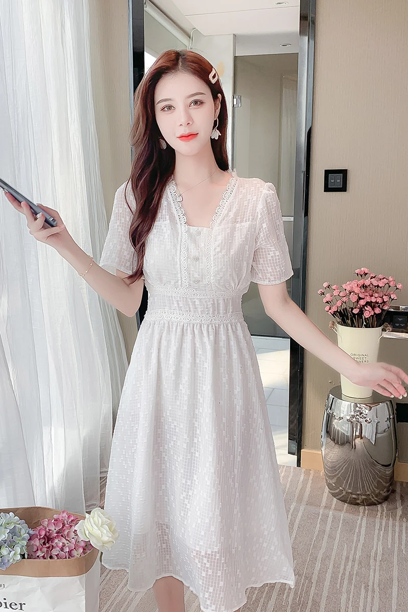 

V-neck chiffon elastic waist temperament short sleeve one-piece dress princess dress fairy retro