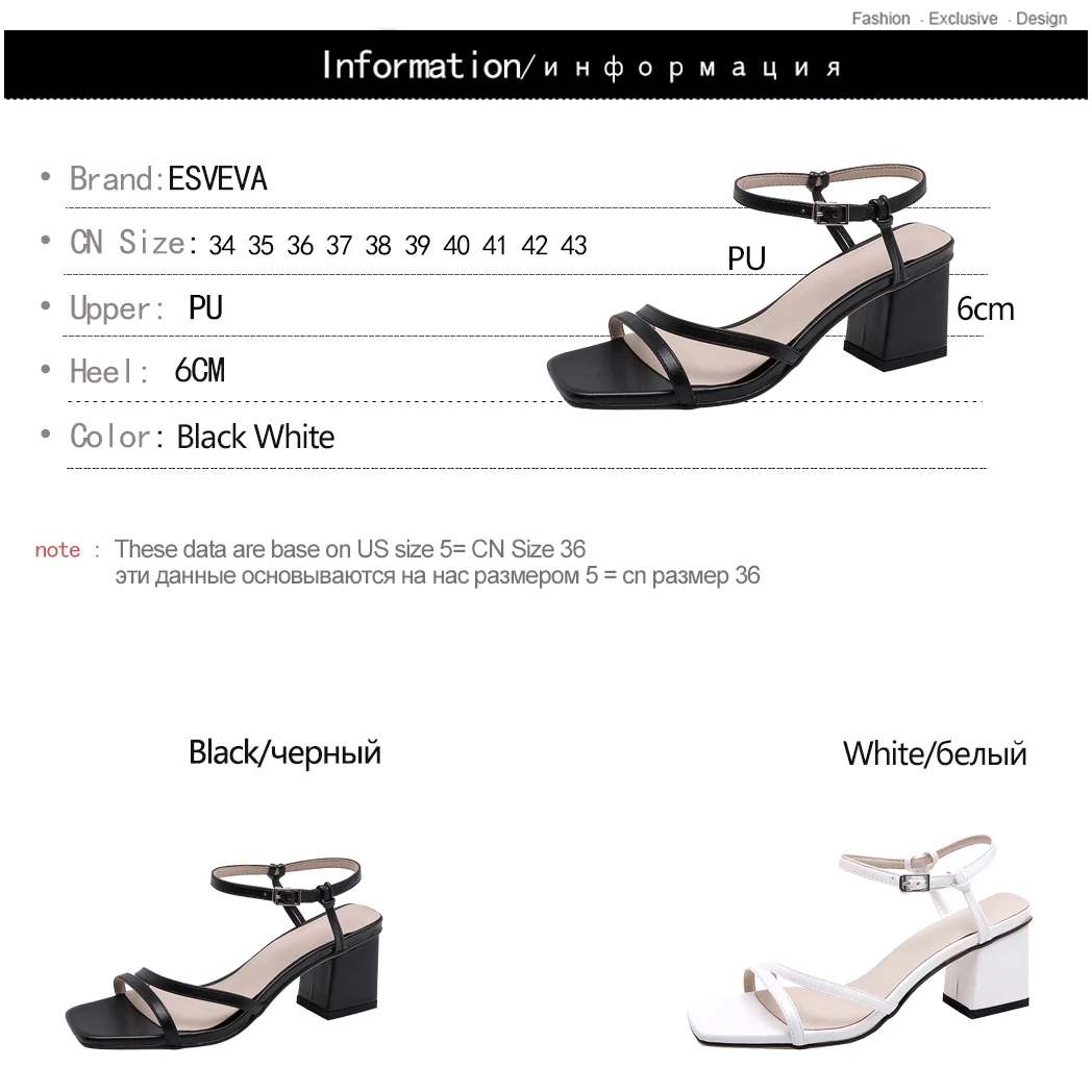 

ESVEVA 2019 Ladies Sandal Square High Heel Slip On Pointed Toe Ladies Slingback Ankle Strap Women Shoes Summer Size 34-43
