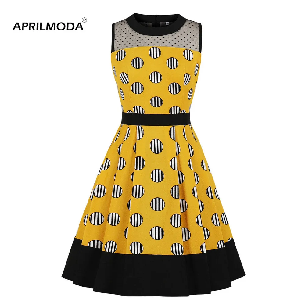 2019 летнее женское Повседневное платье жёлтое лоскутное Ретро винтажное 50s 60s