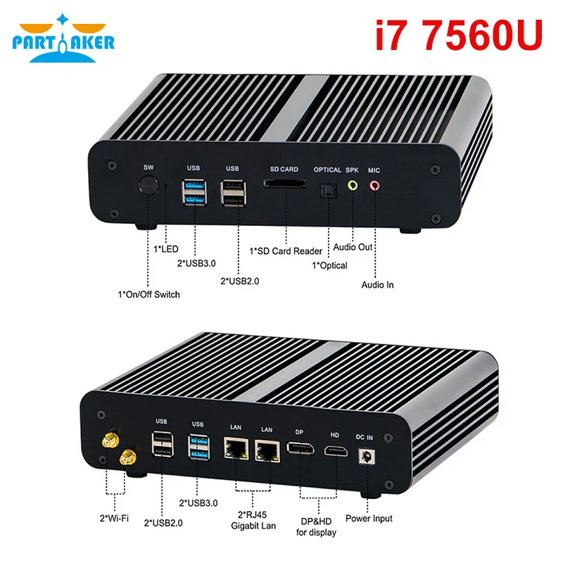 Мини ПК Intel core i7 7-е поколение 7560U Windows 10 HDMI DP 4K HTPC настольный компьютер с кабелем 4k HD