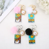 1pc keyring tarot card charms sun and moon acrylic with puffer ball for men women keychain trinket car key ring jewelry