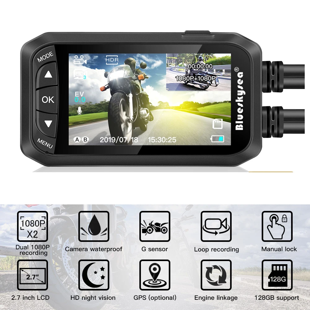 Мотоциклетный видеорегистратор Blueskysea DV128 HD 1080P с двумя объективами 130 циклическая
