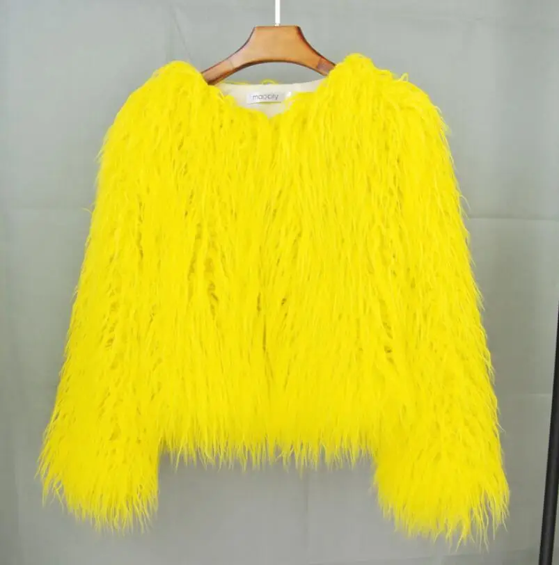 

High-quality faux fur coat women's autumn winter solid color fashion casual short coat luxury warm wool yellow coat jacket