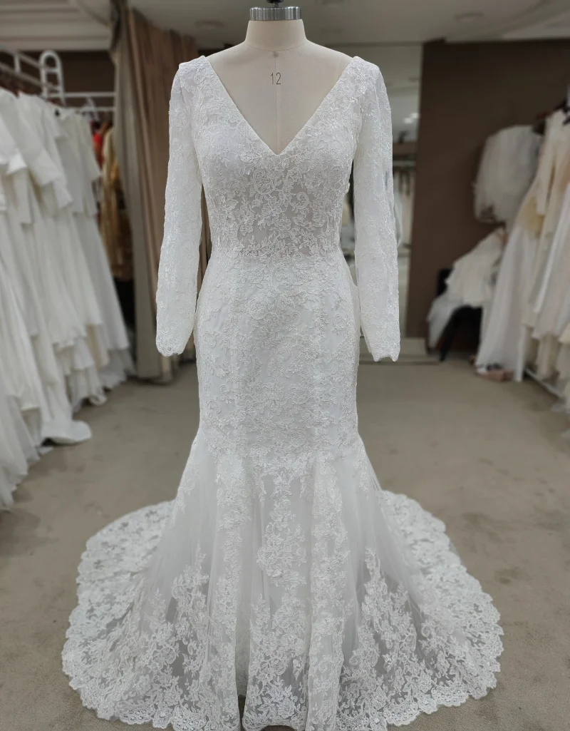 

#9138 REAL PHOTOS BY FANWEIMEI Champagne V-Neck Long Sleeve Lace Sheath Bohemian Simple Wedding Dress Bride Gown