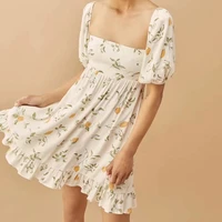 summer women sweet back elastic bandage pleated dress puff sleeve mini dresses zipper holiday slim a line floral print vestidos