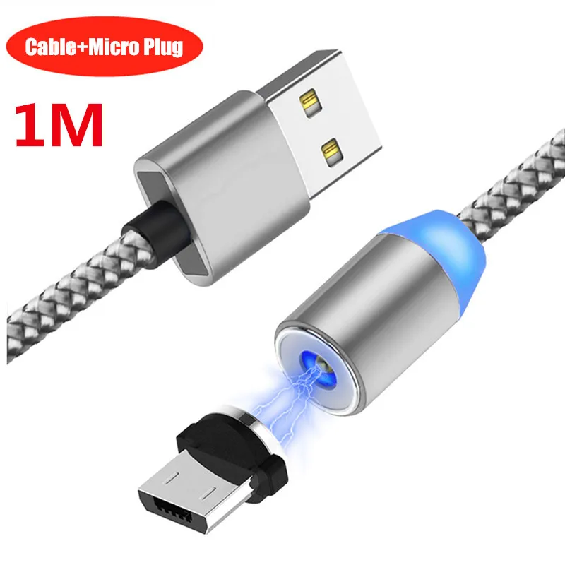 1M Silve Micro Cable Магнитный кабель Micro USB NiSi 1 м 2 м для Xiaomi samsung Galaxy Note6/5/4/3/J3/J5/J7/A3/A5/A7 LG светодиодный магнитный кабель для быстрой зарядки - Цвет: 1M Silve Micro Cable