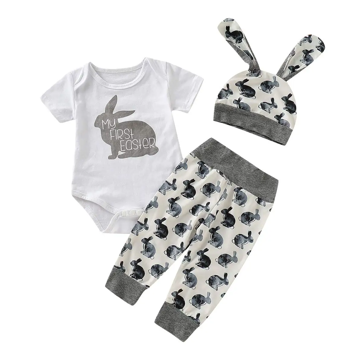 

My 1st Easter Newborn Baby Boy Girl Romper Long Pants Hat Cotton Outfits Clothes