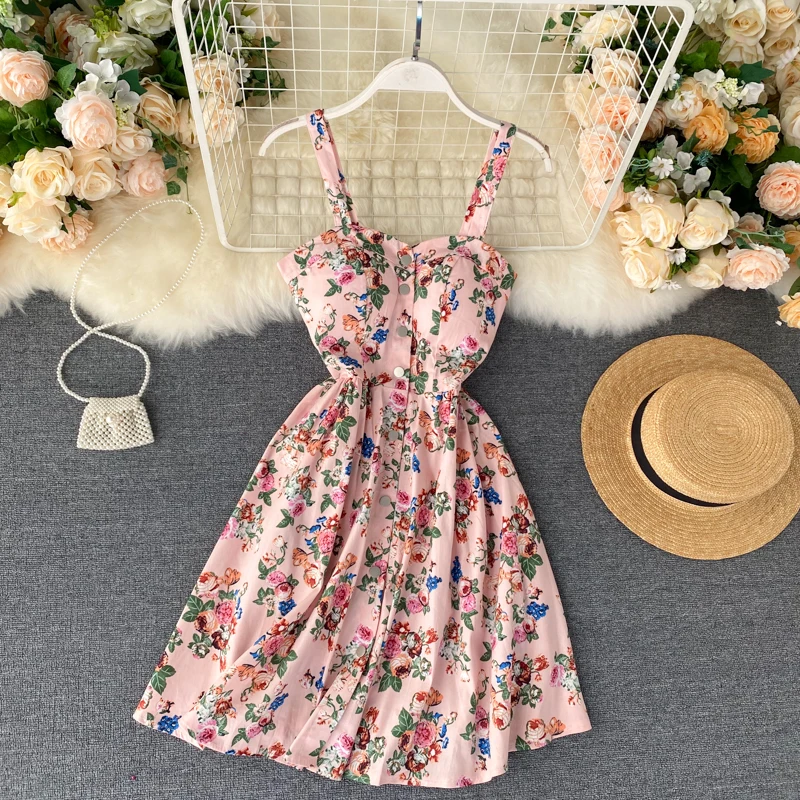 

Women Dress Floral Print Vintage Spaghetti Strap Summer Mini Dress Party Polka Dot Casual Women Beach Holiday dress women