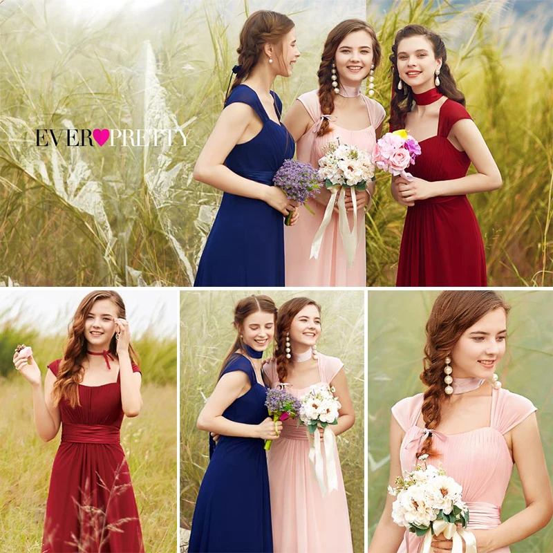 Розовые платья подружки невесты Ever Pretty 08834 длинные шифоновые 4 цвета Дешевые Свадебные платья подружки невесты свадебный подарок