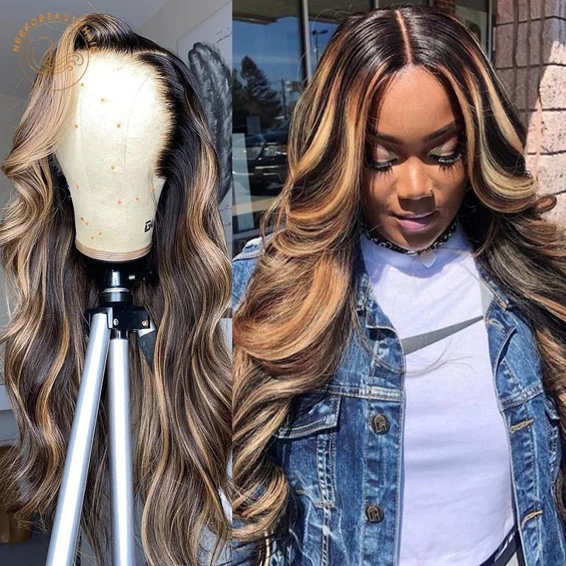 #1B/27 Highlight Wig 13X4 Colored Lace Front Human Hair Wigs Pre Plucked Highlight Blonde Lace Frontal Wig Highlight Body Wave