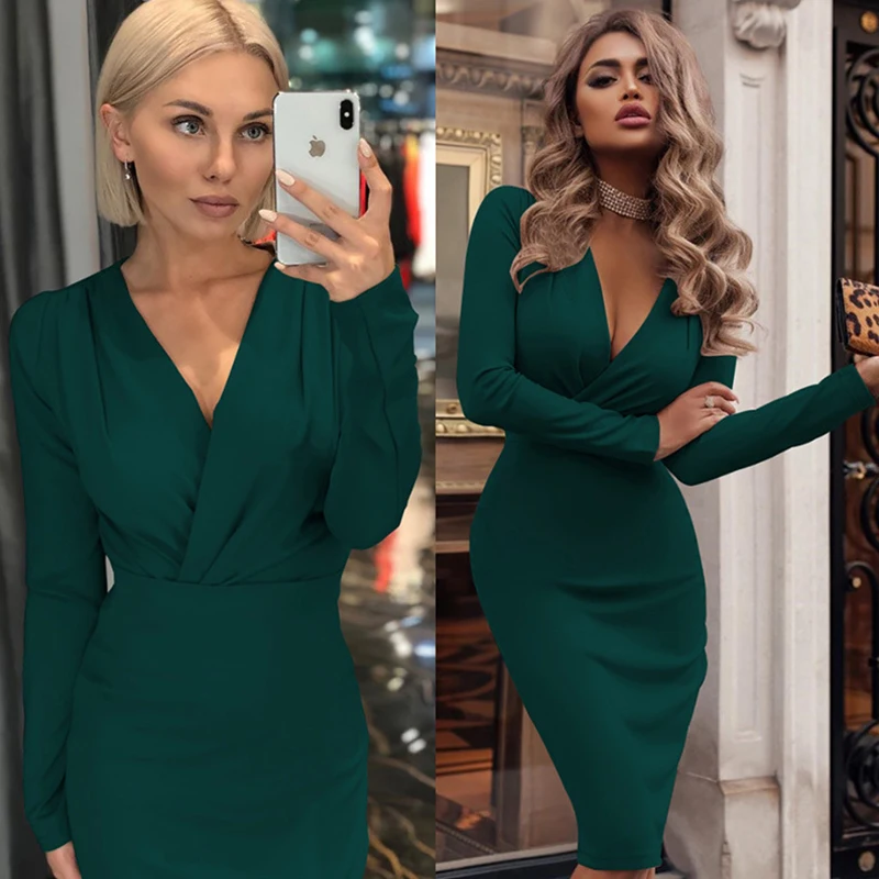 

Women Vintage Sexy Bodycon Slim Party Dress Long Sleeve Deep V neck Solid Casual Elegant Dress 2019 Winter New Fashion Dress