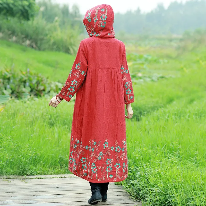 Винтажные женские хлопковые пальто китайский длинный плащ ветровка с капюшоном