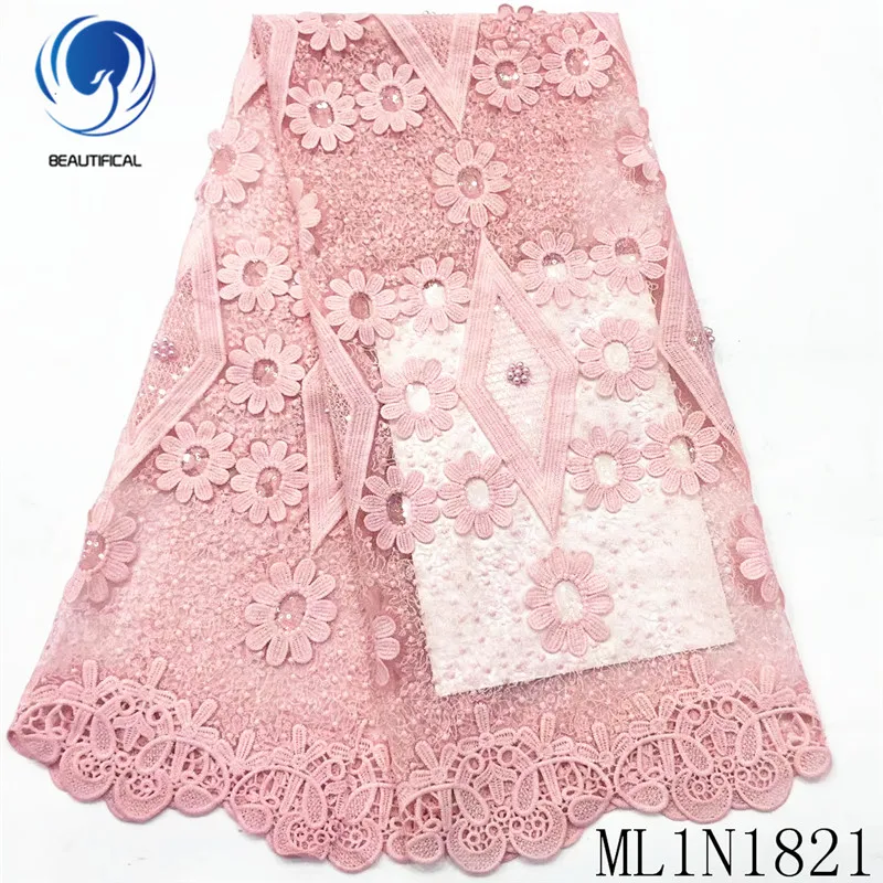 

Beautifical african lace fabrics Latest apliques beads net lace french fabric with stones tulle mesh lace for wedding ML1N1821