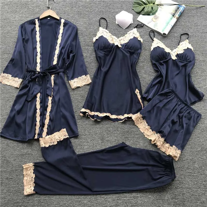 navy Пижамы для женщин, сексуальные, атласные, шелковые, 5 шт., пижамный комплект, кружевная ночная рубашка, халат и штаны с нагрудной накладкой, для женщин, для дома - Цвет: navy