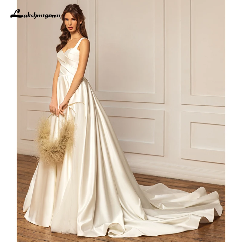 

Luxurious Satin A line Wedding Dress 2021 New Arrival Sweep Train Bridal Dresses Robe De Mariage Spaghetti Straps