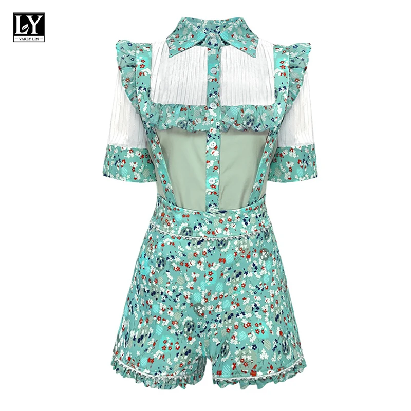 

LY VAREY LIN Summer Women Sweet Suit Print Turn-down Collar Buttons Short Sleeve Shirts Tops+high Waist Wide Leg Shorts Overalls