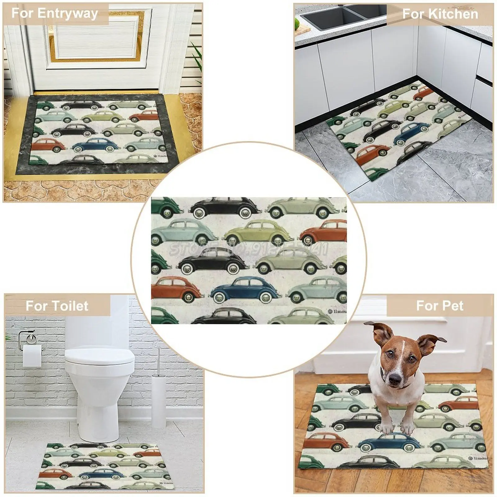 

Beetlemania Doormat Home Entrance Rug Floor Mats for Bathroom Living Room Floor Carpets Bug Beetle Car Catalogue Vintage Automob