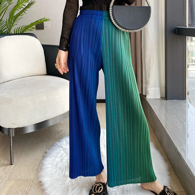 Women Pants Plus Size 2021 Summer New Fashion Hit Color Stretch Loose Miyake Pleated High Waist Pants For Women 45-75KG