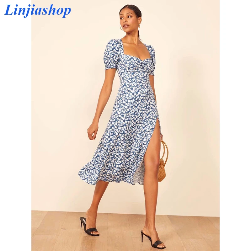 Женское винтажное платье с квадратным вырезом Элегантное летнее принтом