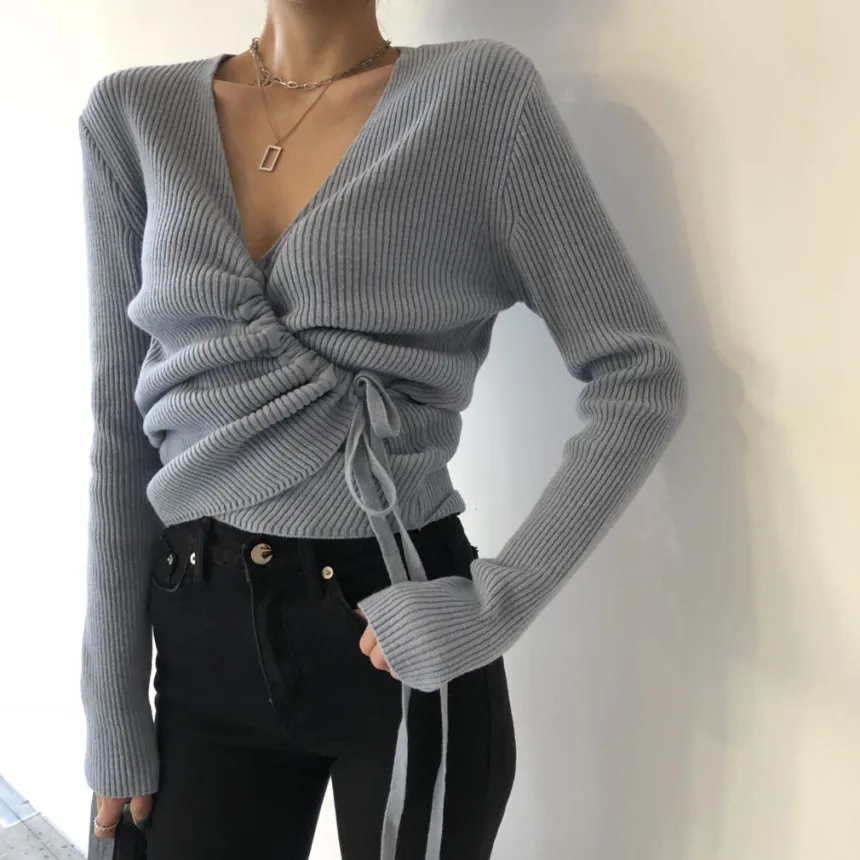 

Miss Don't Korean Chic Style Fashion Design Irregular Drawstring V-neck Short Navel Knitted Pullover Sweater