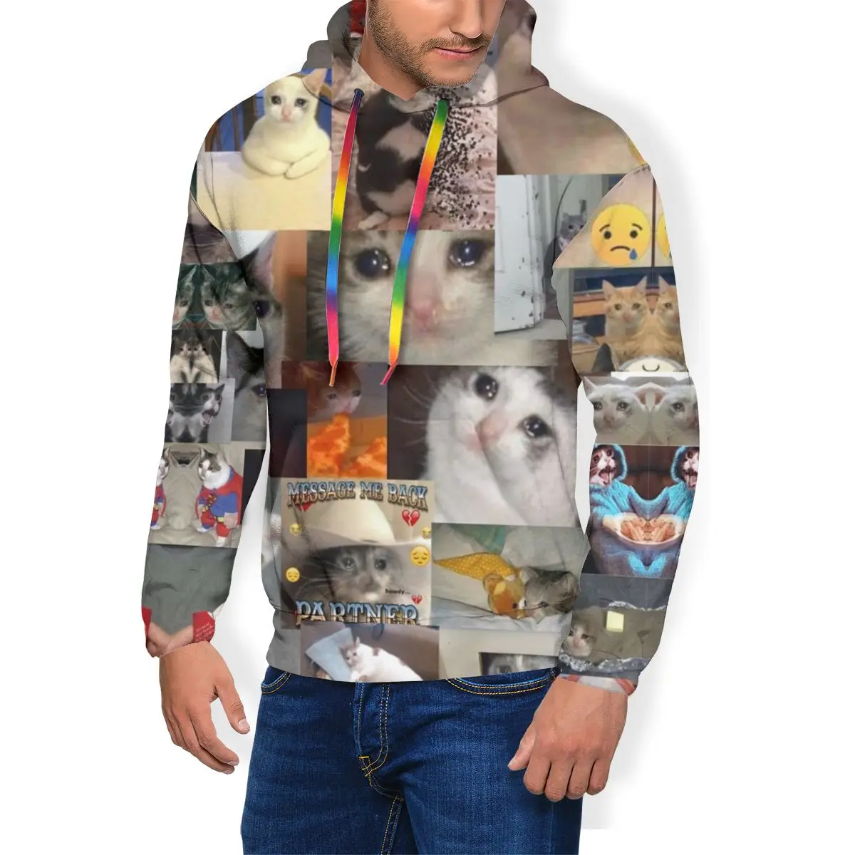 

Толстовка с капюшоном с изображением кота, толстовка с изображением плача и кота, теплый пуловер, толстовка из полиэстера, свободная Длинна...