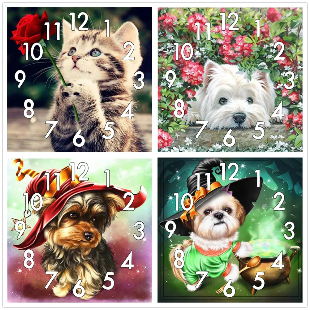 

Dpsprue Full Diamond Painting Cross Stitch With Clock Mechanism Mosaic 5D Diy Square Round Animal Dog 3d Embroidery Gift HG280