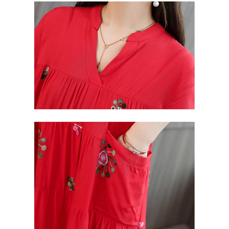 

2020 Women's Cotton Silk Embroidered Sexy Dress Women Summer Short-Sleeved Dress Loose V-neck Big Swing Dresses Plus Size XL-4XL