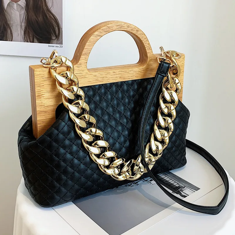 

Брендовая женская сумка через плечо с толстой цепочкой, модная сумка с деревянной ручкой и кошельки, роскошная дизайнерская маленькая сумк...