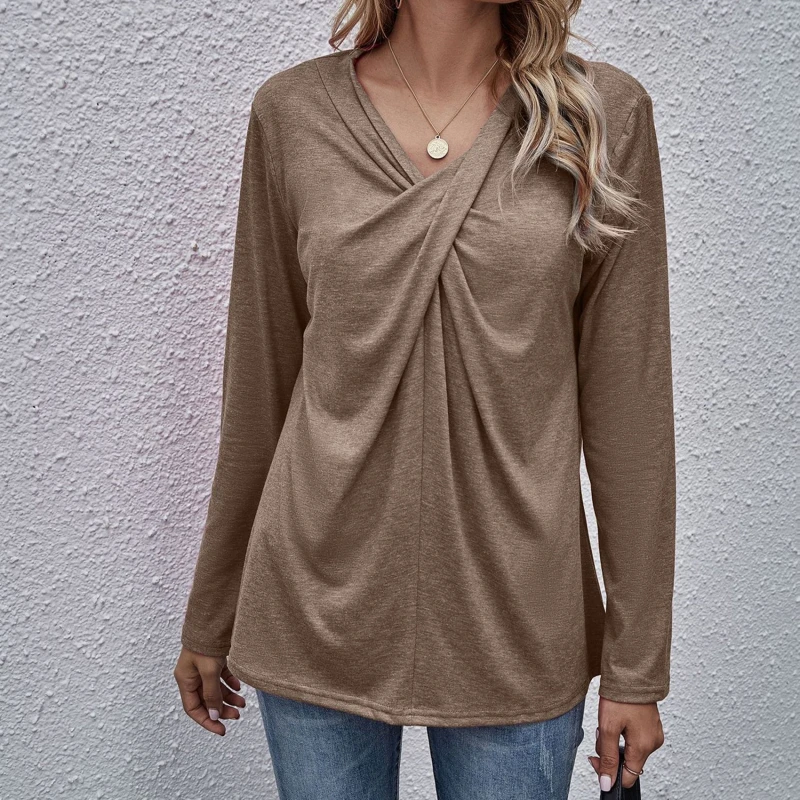 

2021 Solid Color Long Sleeve T Shirts for Women New Autumn and Winter V-Neck Loose Tee Tops Basic Long Sleeve Casual Pullover