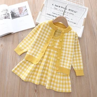 2021 new girl toddler knit dress childrens plaid sling skirt jacket cardigan two piece sweet girl baby princess dress