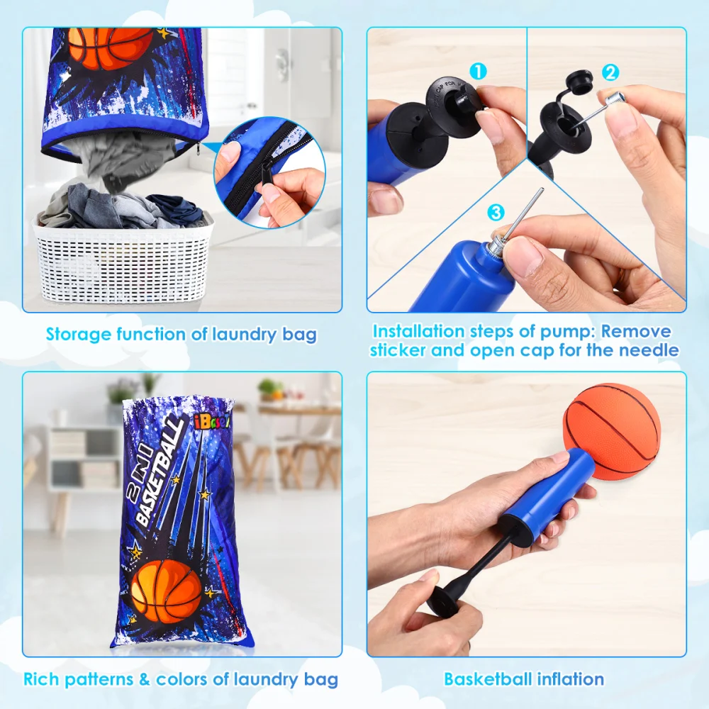 

iBaseToy Basketball Hoop with Laundry Hamper Bag Over the Door Household Kids Basketball Playset Backboard Basketball Net