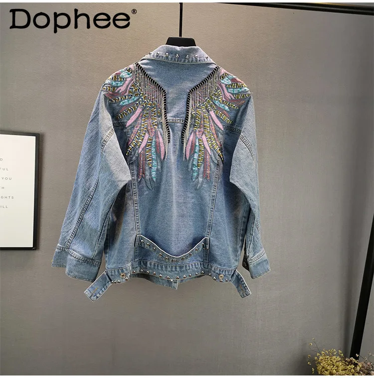 Jean Jacket Coat Women 2021 Spring Autumn New Loose Slimming Wings Embroidery Tassel Diamond Long Sleeve Femme Denim Jacket Tops