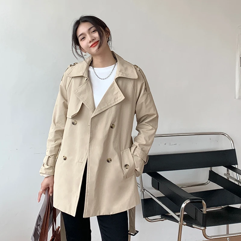 

New Autumn Winter Coats Elegant Women Double Breasted Khaki Solid Trench Coat Vintage Turn-Down Collar Loose Trench with Belt