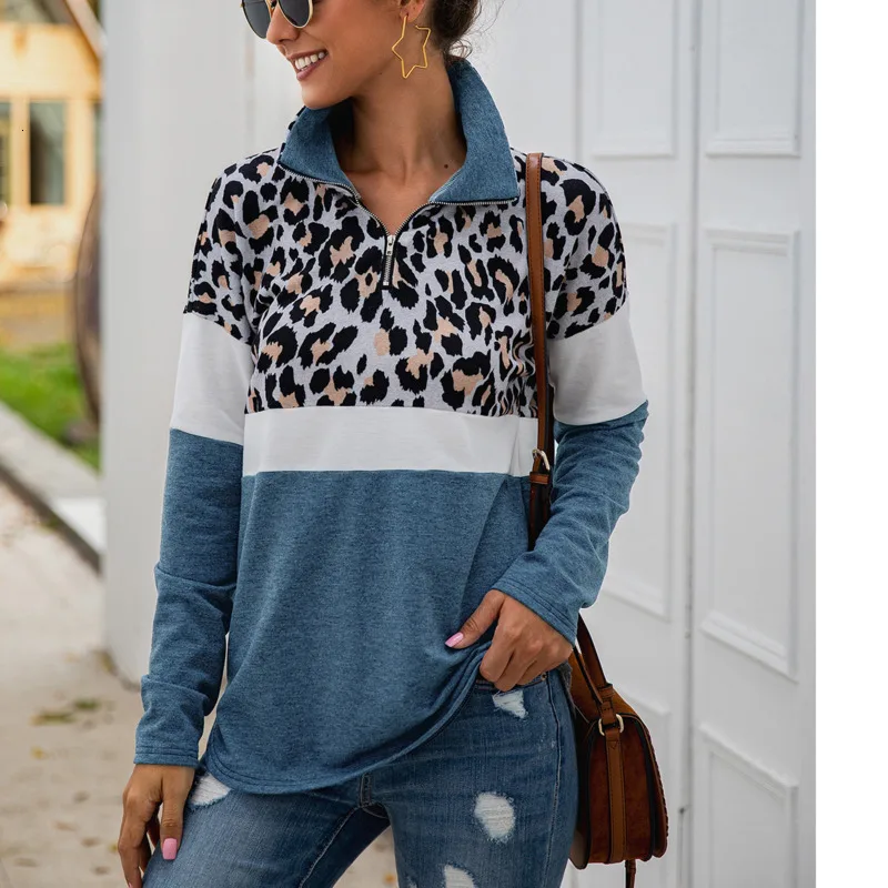 2019 Женская Повседневная Толстовка с леопардовым принтом Лоскутная длинным