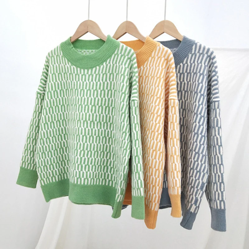 

2019 New large size autumn winter knit sweater women plaid long sleeve pullovers Loose casual tops bottoming sweater female 2939