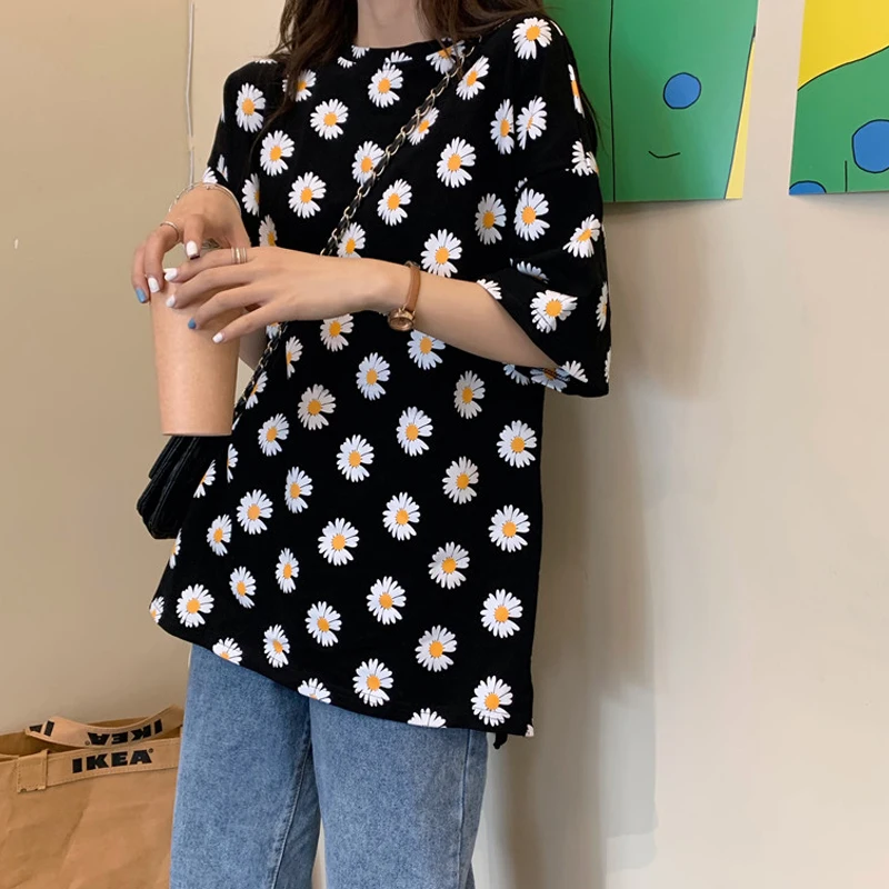 Harajuku Short Sleeve Women'S T-Shirt 2021 Summer Clothes For Girls Korean Style Oversized Flowers Print Top Female топы