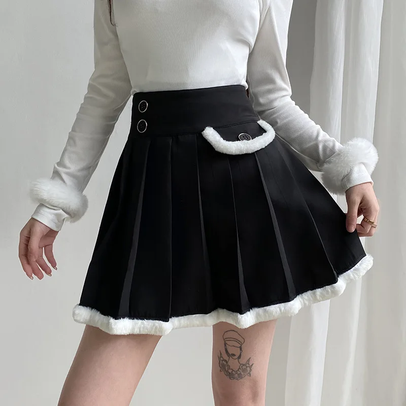 

2021 Autumn New Fashion Women's Korean Version of High Waist Solid Color Stitching Contrast Color Thin Pleated Skirt Skirt S-L