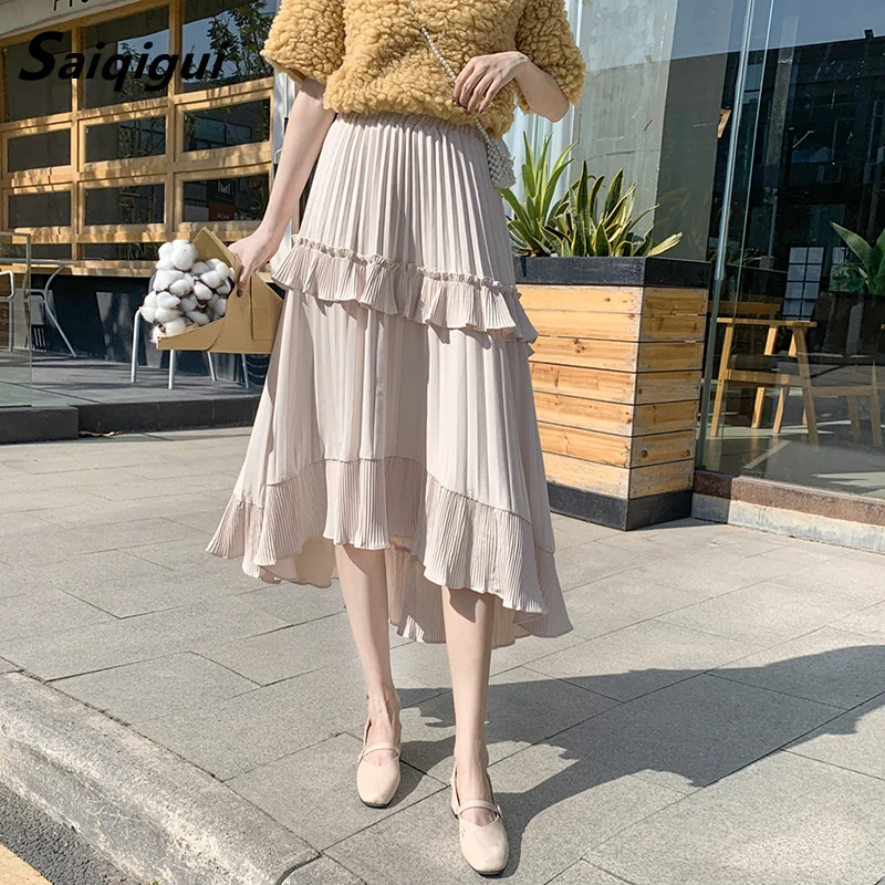 

Skirts womens 2020 korean style fashion Spring Summer Midi Long Skirt Woman elegant High Waist white black Ruffle pleated Skirts