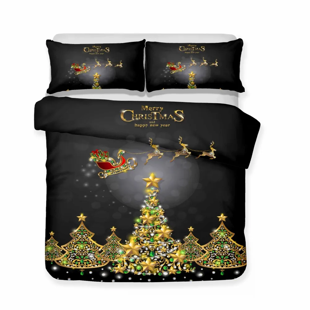 Black Bedding Set Diamond Decorated Gold Christmas Tree Deer Shine Soft Duvet Cover Pillowcase Home Room Decor Comforter Shell | Дом и сад