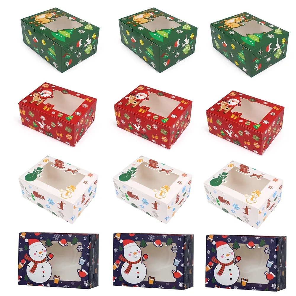 

12pcs Christmas Cookie Gift Boxes with Window Xmas Pastry Cupcake Bakery Candy Packaging Container Paper Party Favor Gift Holder