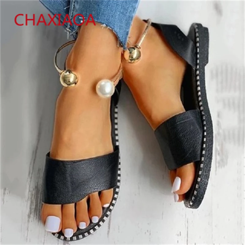 

CHAXIAOA Summer Women Flat Sandals 2021 New Open Toe Leather Pearls Designer Shoes Woman Casual Outdoor Female Gladiator Sandals