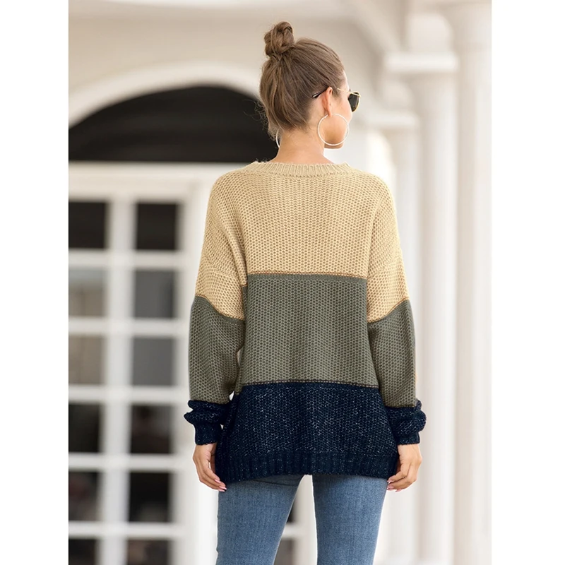 Модный пуловер в полоску с цветными блоками женский толстый свитер Дикий