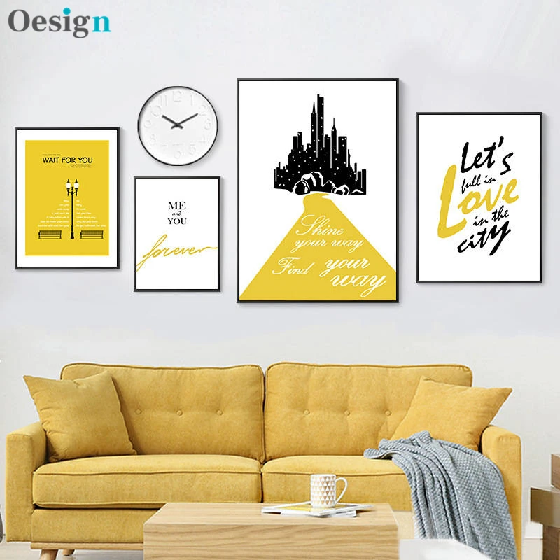 

Modern wall art canvas painting Nordic posters and prints abstract monogram decoration yellow black nursery wall image home deco