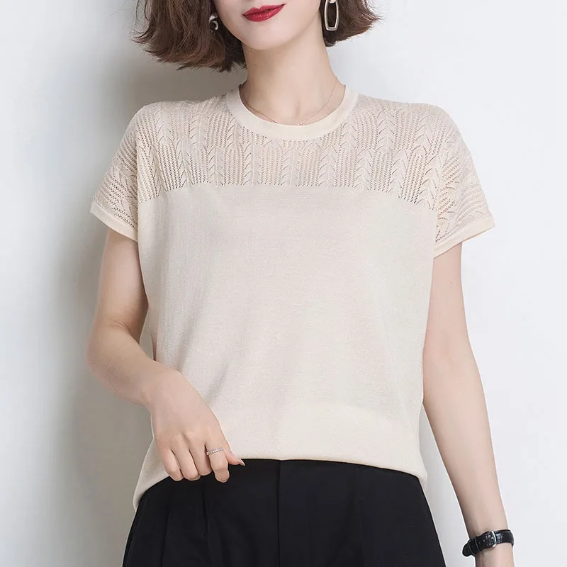 

Bat sleeve ice silk knitwear women's 2020 summer thin hook flower hollow short sleeve T-shirt loose age reducing top trend