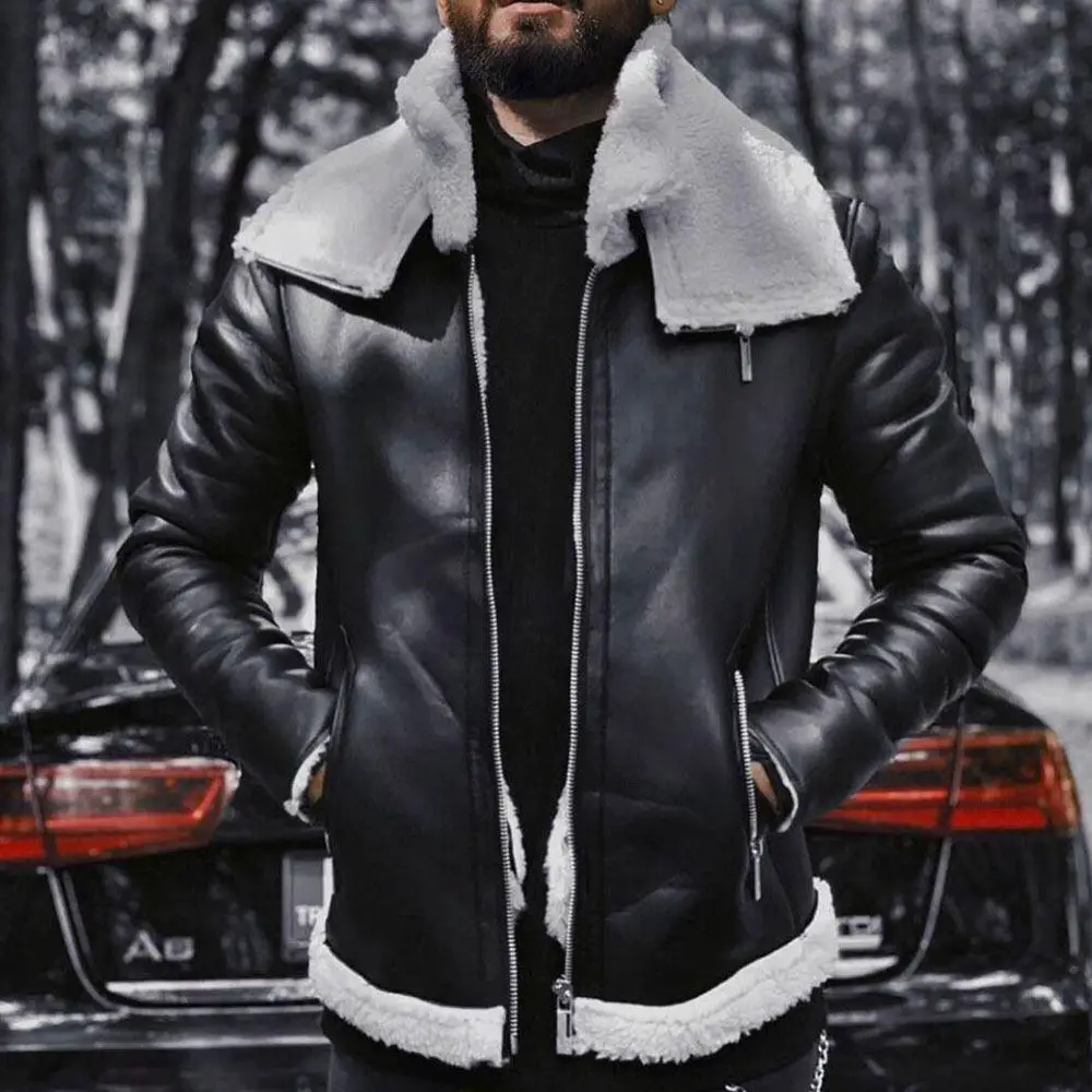 

Мужская модная утепленная кожаная куртка, зимняя однотонная Свободная Повседневная Теплая мужская куртка на молнии с длинным рукавом и отл...
