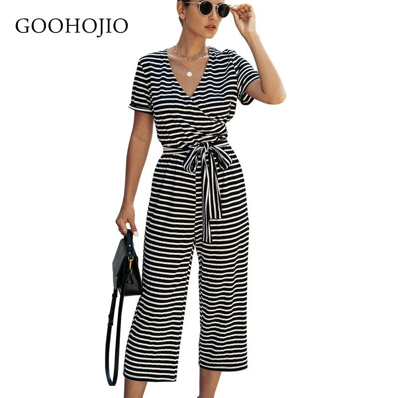 

GOOHOJIO 2021 Spring Autumn New Streetwear Casual Chic Rompers Womens V-neck Stripe Jumpsuit for Ladies High Waist Stripe Women