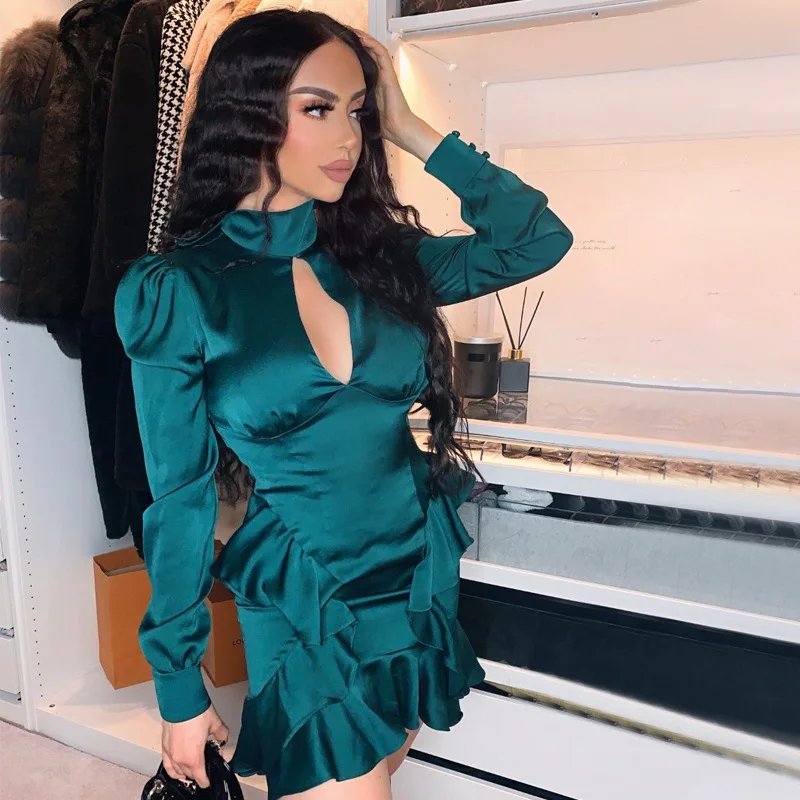 

2020 Women's Sexy Satin Mini Dress Ladies Solid Color Long-sleeved Irregular Ruffled Silk Puff Sleeve Dress Women Clubwear