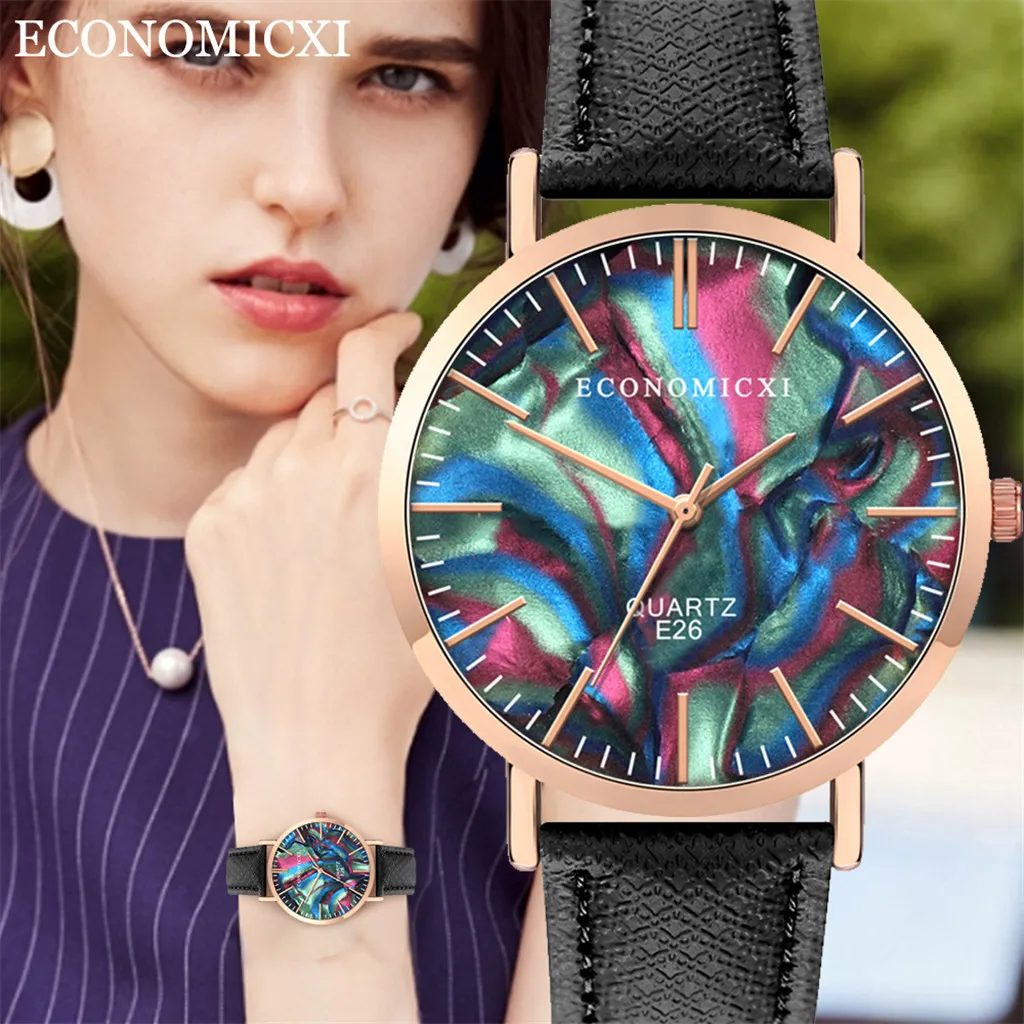 Модные Красочные роскошные женские часы с золотым циферблатом кожаный ремешок